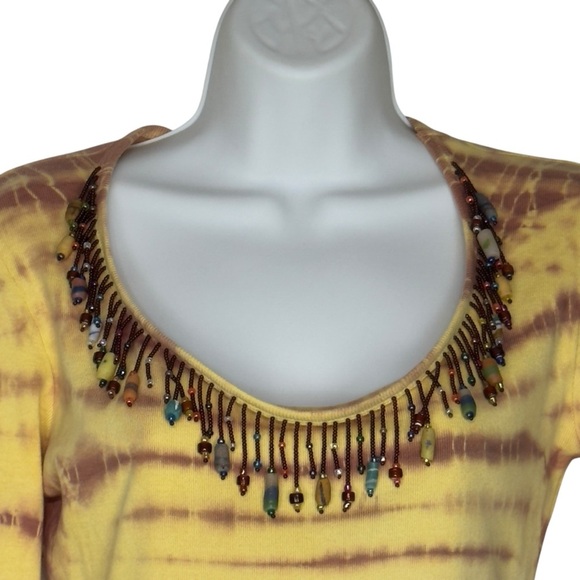 Santa Barbara Yellow and Brown Tie-Dye Beaded Scoop Neck Long Sleeve Top Medium - Picture 4 of 14